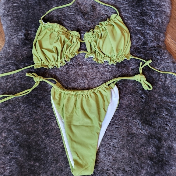 Olive Green Ruched Top and Brazilian Bottom Bikini Set - Picture 7 of 8